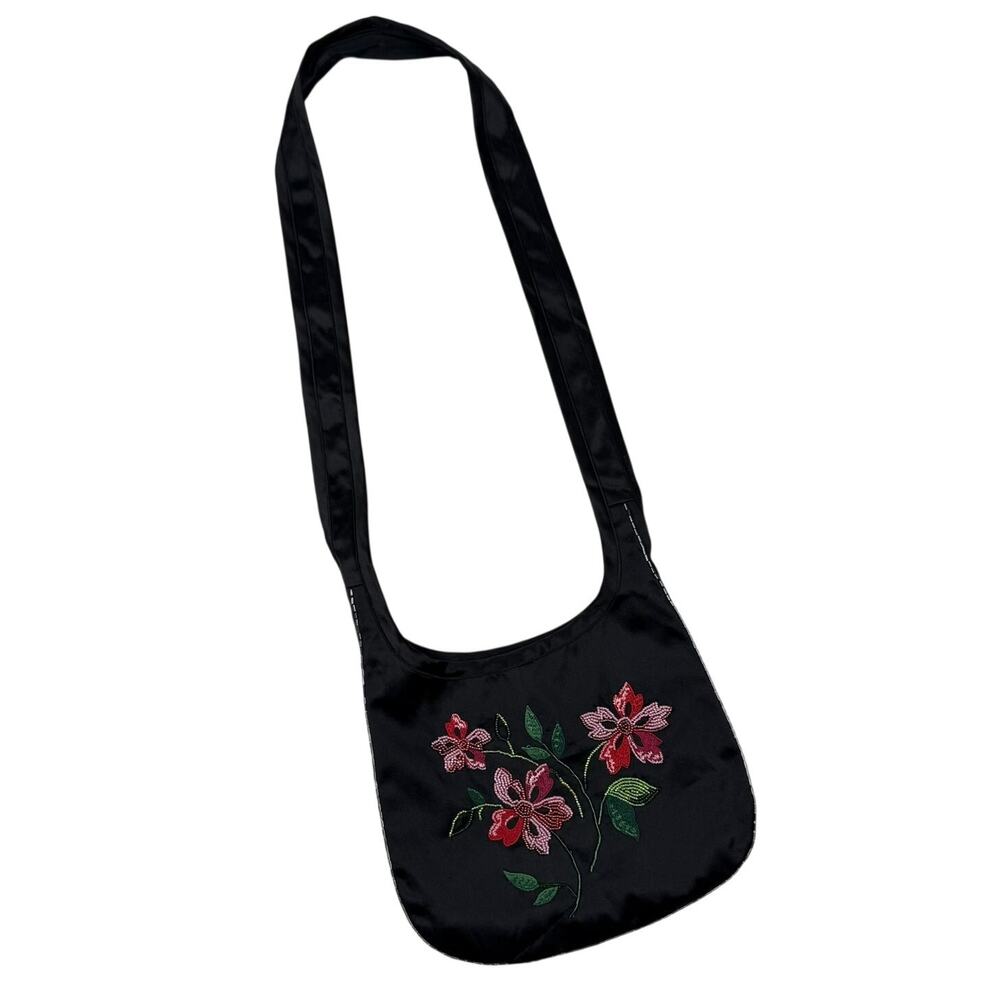 Garnet Hill Black Silk Embroidered Floral Crossbody Bag Fairy Whimsigoth Romance